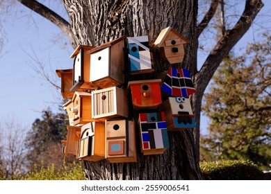 A colorful row of birdhouses attached to a fence, unique designs and color An artistic display of colorful bird houses, green trees in the background - Powered by Shutterstock