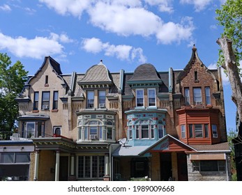 Colorful Row House Facades With Curved Gables, Philadelphia Near The University Of Pennsylvania