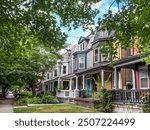 Colorful row of houses in historic downtown Lancaster, Pennsylvania