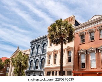 Colorful row of houses on Broad Street, in the historical district of Charleston, SC.