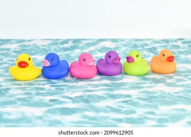 Colorful Rubber Ducks , All My Ducks In A Row Concept Selective Focus