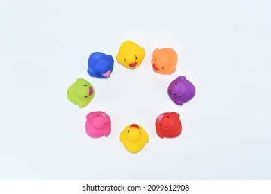 Colorful Rubber Ducks , All My Ducks In A Row Concept Selective Focus