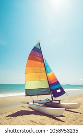Colorful Sailboat On Tropical Beach In Summer. Vintage Coor Effect.