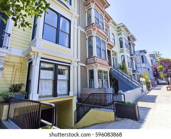 Colorful San Francisco Victorian Homes In The Mission District.