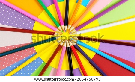 Colorful School Stationery. Back to school Education concept. School pupil Stationery. office supplies on white background. colored pencils, pen, pains, paper for student education. Top view, Flat Lay