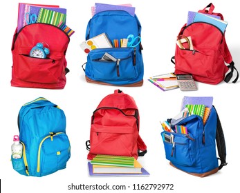 Colorful school supplies in backpack, collage on white background - Shutterstock ID 1162792972