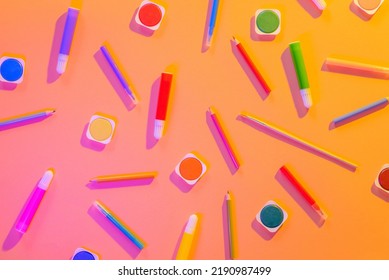 Colorful School Supplies. Flat Lay.