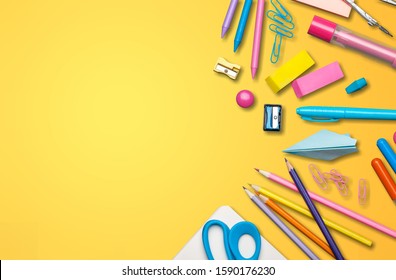 Colorful School Supplies On Colorful Background.