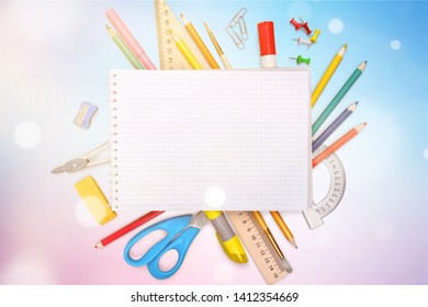 Colorful School Supplies On Wooden Background Stock Photo 1412354669 ...