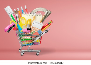 Colorful School Supplies In Shopping Cart