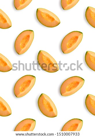 Colorful seamles fruit pattern of melon slices on white background. Top view. Flat lay
