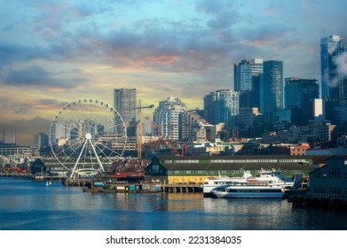 Colorful Seattle, Washington  Waterfront At Sunrise.  View of the newly renovated attractions along the waterfront area without the old viaduct.  - Powered by Shutterstock