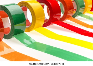 Colorful Sellotape, Scotch, Packing Tape And Duct Tape. Collection Set Of Colorful Adhesive Tape Or Blank Stickers For Text On White Background.