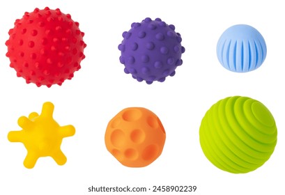 Colorful sensory balls for kids  isolated png transparent, designed to enhance cognitive and physical development. Tactics of a soft toys that stimulate children's.