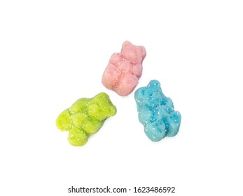Colorful set of 3 CBD infused medicinal sour candy gummies used for healing on a plain white background