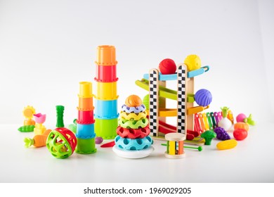 Colorful Set Of Children's Toys Isolated On White.