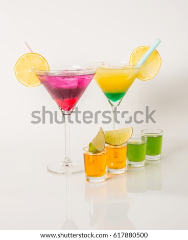 Colorful set of drinks, color drink decorated with fruit, color shots, party set