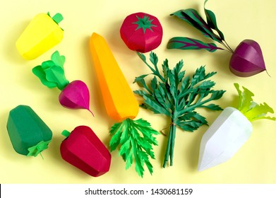 Colorful Set Of Paper Vegetables On Yellow Background. Paper Art And Craft. Trendy Hobby. Creative, Vegetarian, Healthy Or Food Art Concept