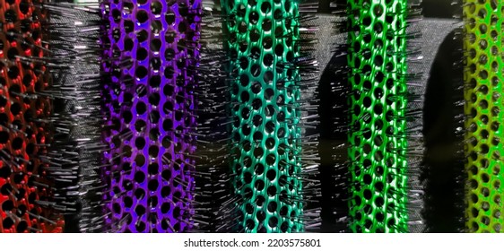 Colorful set of round hairbrushes. Close up photo