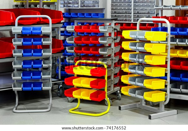 Colorful shelves\
and racks for warehouse\
storage