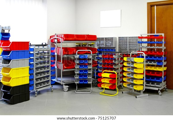 Colorful shelves\
and racks for warehouse\
storage