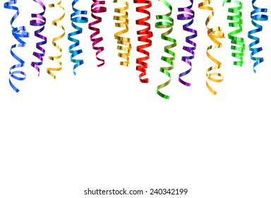 Colorful Shiny Streamer Isolated On White Background. Banner With Carnival Party Serpentine Decoration