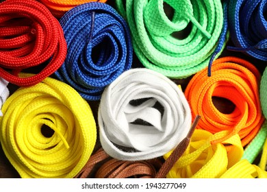 Colorful Shoelaces As Background, Closeup. Stylish Accessory