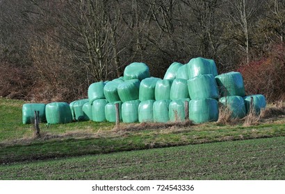 Colorful Silage Bale Wrap In Agricultural Pasture