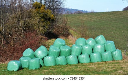 Colorful Silage Bale Wrap In Agricultural Pasture