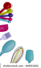 Colorful Silicone Cooking Utensils Isolated On A White Background Forming A Baking Themed Page Border