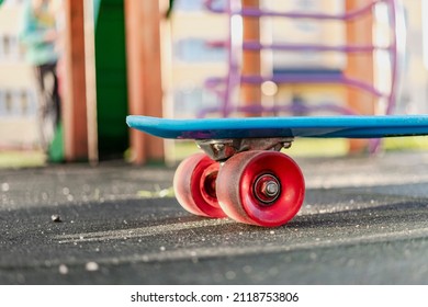 Colorful Skate Board With Orange Wheels Close-up On The Playground