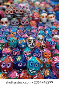 Colorful Skulls in Mexico City Market for Dia de los muertes or Halloween 