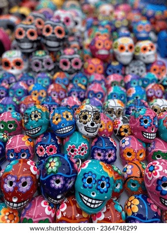 Colorful Skulls in Mexico City Market for Dia de los muertes or Halloween 