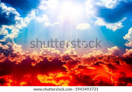 colorful sky with sun in clouds of altitude . religious background