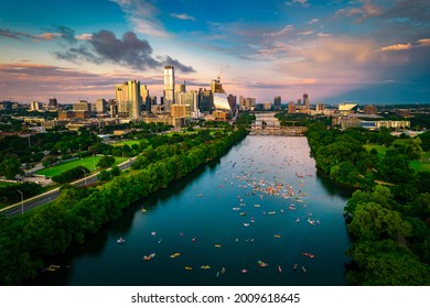 colorful skyline at golden hour blue and pink clouds over Austin Texas USA Aerial Drone view above cityscape during gorgeous sunset  - Shutterstock ID 2009618645