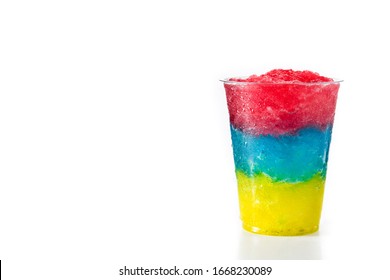 Colorful slushie of differents flavors with straw in plastic cup isolated on white background.Copy space