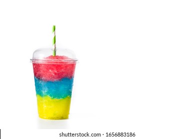 Colorful Slushie With Straw In Plastic Cup Isolated On White Background.Copy Space