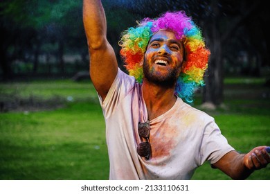 Colorful Smoke Fog Holi Gulal, Gulal Splash Holi, Portrait Of Young Indian Boy Having Pitchakari Of Holi Playing Holi Images