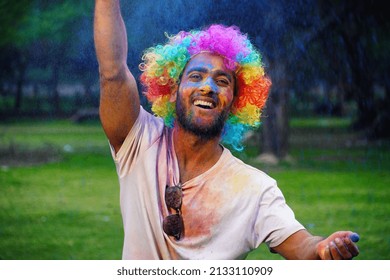 Colorful Smoke Fog Holi Gulal, Gulal Splash Holi, Portrait Of Young Indian Boy Having Pitchakari Of Holi Playing Holi Images