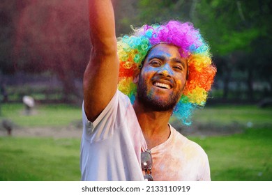 Colorful Smoke Fog Holi Gulal, Gulal Splash Holi, Portrait Of Young Indian Boy Having Pitchakari Of Holi Playing Holi Images