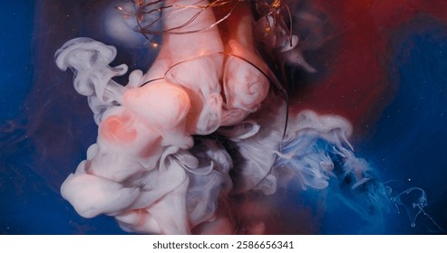 Colorful smoke. Paint cloud. Wavy white blue red ink explosion on blue background. Abstract spilling dye with fragments broken light bulb.