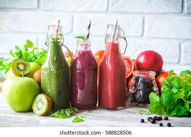 Colorful smoothies : green, purple and red with ingredients for Healthy eating , detox or diet food concept