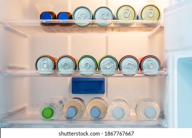 Colorful Soft Drink Cans And Cold Soda Or Mineral Water Inside The Fridge In Hotel Room.