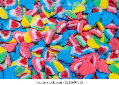 Colorful Sour And Sweet Candy, Mutitude Of Candy In A Bowl, Texture Of Sugar Covered Candy In A Lot Of Vibrant Colors.