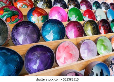 Colorful Souvenier Bowls At Market In Thailand