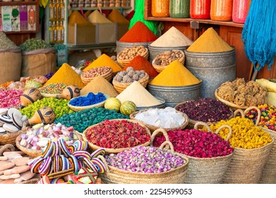 Colorful spices and dyes found at souk market in Marrakesh, Morocco. - Shutterstock ID 2254599053