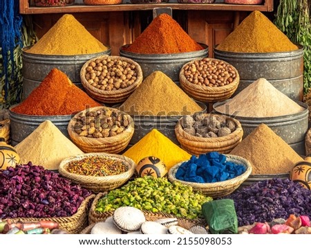 Colorful spices and dyes found at souk market in Marrakesh, Morocco.