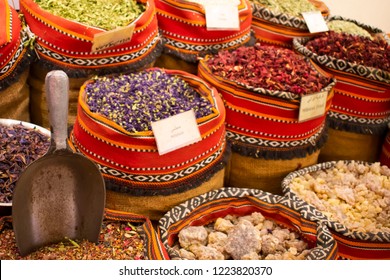 Colorful spices on the traditional arabic souk market. - Shutterstock ID 1223820370