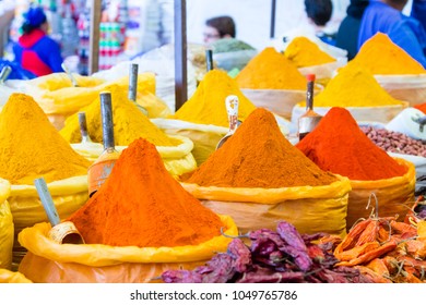 Colorful Spices Pyramids Background. Sucre Traditional Market, Bolivia.