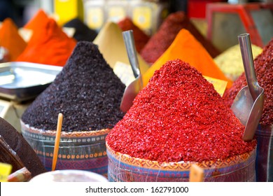 Colorful Spices At Spice Bazaar In Istanbul, Turkey